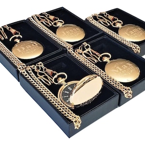7 Engraved Pocket Watches - Set of 7 Personalized Pocket watch set- Gift boxed, chains and engraving included - Vintage wedding set
