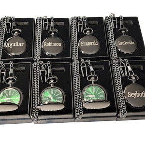 8 Engraved pocket watches, Personalized set includes the chains, boxes and engraving, green dial watch, bachelor or Wedding gift, Best Man