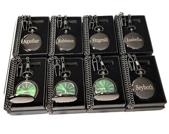 8 Engraved pocket watches, Personalized set includes the chains, boxes and engraving, green dial watch, bachelor or Wedding gift, Best Man