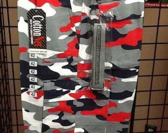 Men's Camouflage Cargo Shorts, Red, Black, Gray and White, Size 46 - 54, Zipper Down Button Waist 7 Pockets 100% Cotton 11.5" Inseam