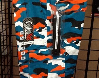 Men's Camouflage Cargo Shorts, Dolphin Blue, Orange and White, Size 30-54, Zipper Down Button Waist 7 Pockets 100% Cotton 11.5" Inseam