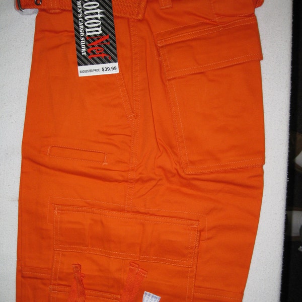 Men's Solid Orange Cargo Shorts, , Zipper Down Button Waist 7 Pockets 100% Cotton 11.5" Inseam