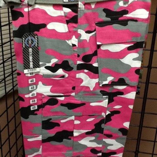 Men's Camouflage Cargo Shorts, Fuchsia, Gray, Black and White, Zipper Down Button Waist 7 Pockets 100% Cotton 11.5" Inseam
