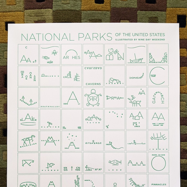 National Park letterpress poster - original illustrations of 63 parks: incl. Yosemite, Yellowstone, Arches, Grand Teton, Zion, Acadia