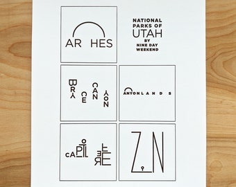 UTAH National Parks - letterpress print - original illustrations of Arches, Bryce Canyon, Canyonlands, Capitol Reef & Zion