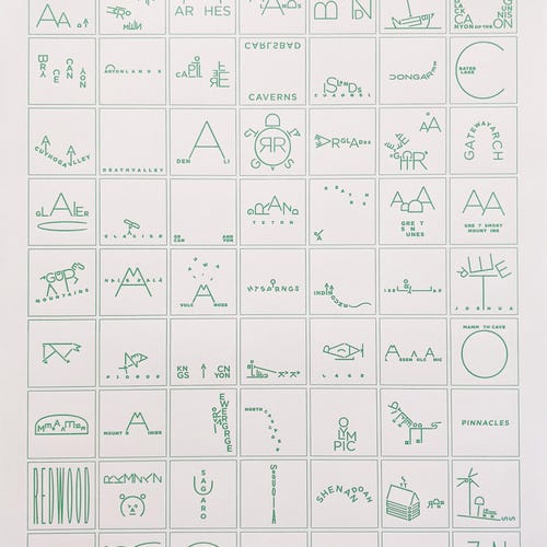 Póster impreso de Parques Nacionales: ilustraciones originales de 63 parques, entre ellos Yosemite, Yellowstone, Arches, Grand Teton, Zion y Acadia.