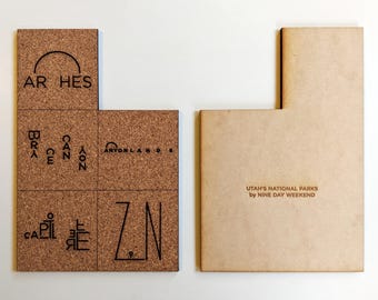 Utah National Parks trivet (hot pad) - original text illustrations, laser cut cork - Arches, Bryce Canyon, Canyonlands, Capitol Reef, Zion