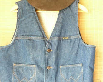 Wrangler Denim Vest, Sherpa lined, winter wear, rancher, horseman, vintage, cowboy