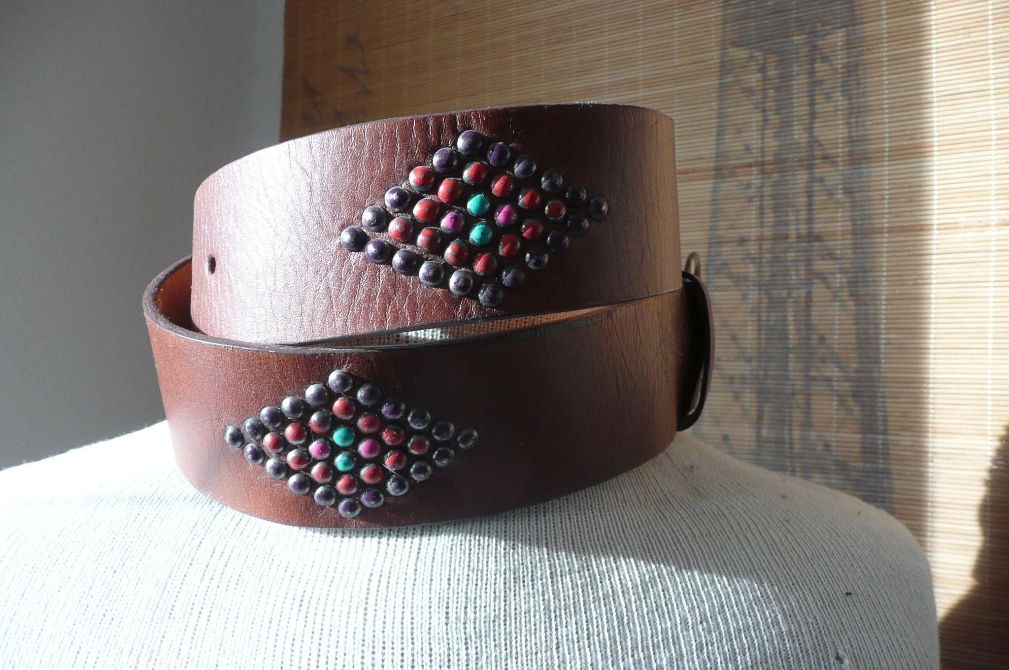 Leather Belt With Beaded Trim, Vintage, Boho, Southwestern  display picture 1