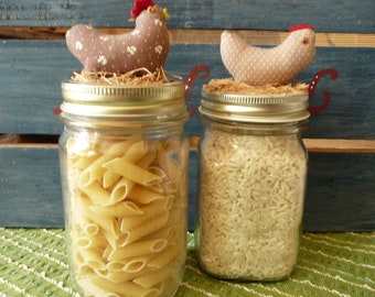 Mason Jar canister set with fabric chicken tops, farmhouse decor, set of 2