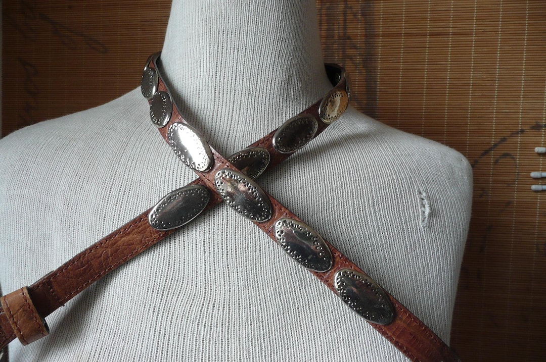 Express Leather Silver Studded Belt Deep Chocolate EUC Western Cowgirl Chic Boho Vintage Express Belt With Silver Trim, Western Style, Boho  main image 3