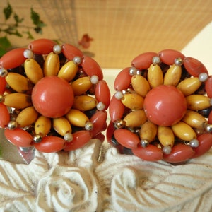 Vintage Mid Century beaded clip on earrings. Orange and Yellow