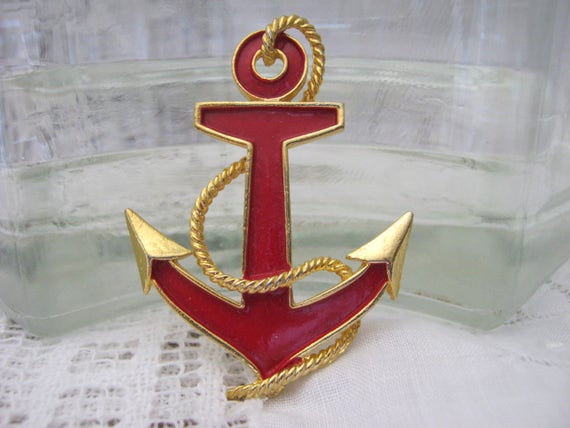 Anchors Aweigh! Red Enamel Brooch with Gold Detai… - image 1