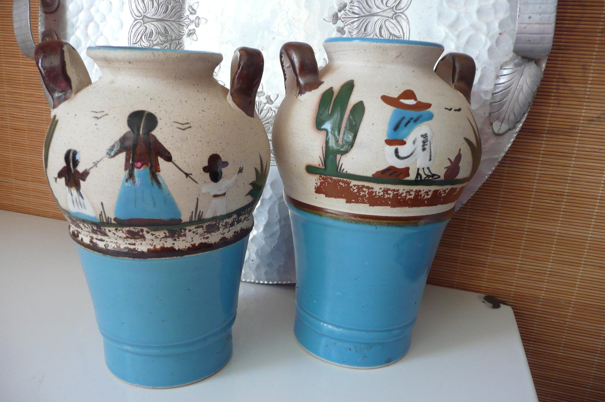 ヴィンテージ メキシコ陶器花瓶セット、フォークアート、手描き