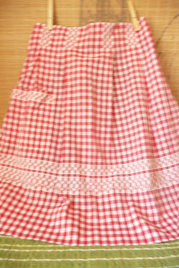 Vintage Cross-Stitched Gingham Apron, red check, kitchen handmade, needlework, farmhouse