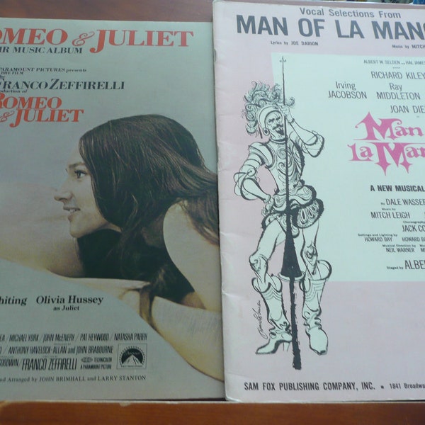 Vintage Music books, movie, play, Man of La Mancha, Romeo and Juliet, lesson, vocal