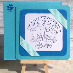 Carte enfant "Chatons sous la pluie" - Bleu ou Violet