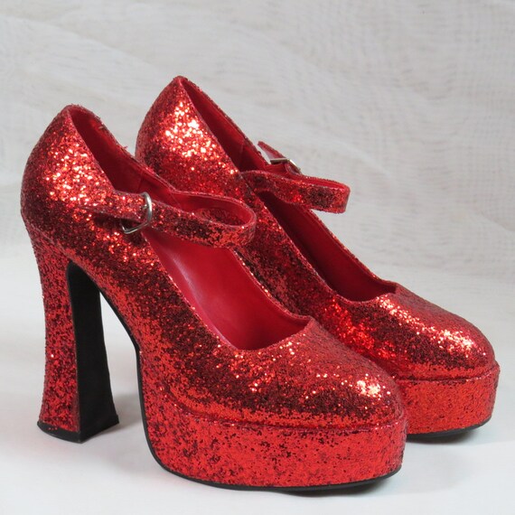 red glitter platform heels