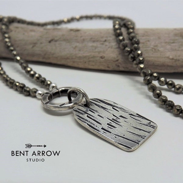Sterling silver tree bark necklace, long pyrite gemstone necklace, bark pendant, textured, tableau, tree bark, hiker, nature lover, layering