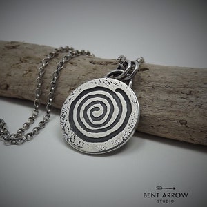 Spiral necklace, spiral pendant, sterling silver, petroglyph necklace, pictograph, totem, cave art, amulet, sacred spiral, maze, labyrinth