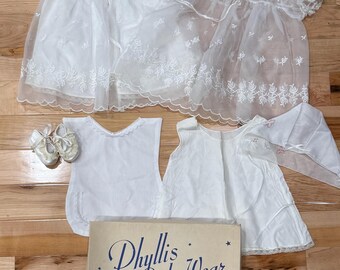 Vintage Phyllis Babywear Embroidered Christening Set. Dress, Slip, Dresscoat, Shoes, 3 bonnets, Hanky. Original Box Style 1847