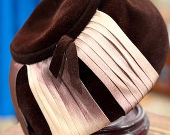 Vintage brown velour hat with satin rings. 1950’s style. Vintage hat