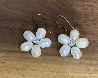 Pearl Flower Earrings Sterling Silver, Handmade Wire Wrap Earrings