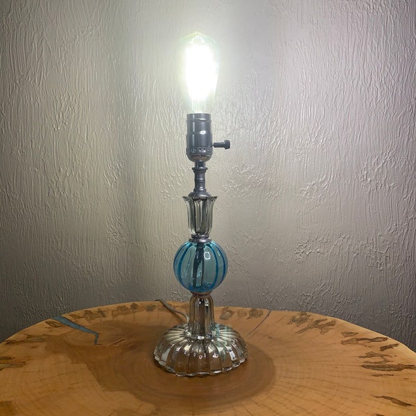 Antique table lamp with blue bubble glass. Stunning & rare piece.