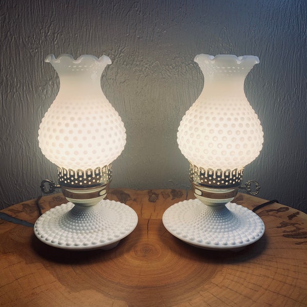 2- Vintage Fenton Hobnail Milk Glass Hurricane Style Lamp