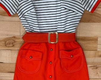 Vintage mod striped top and orange belted skirt dress. Retro.