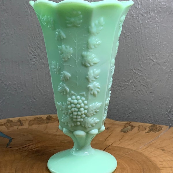 Westmoreland Jadeite / Mint Green Milk Glass Vase Grape Leaf Design