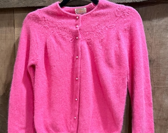 Vintage 50s Angora Wool Angelon Darlene Pink Sweater Cardigan Pearl Buttons