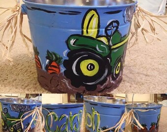 Hand Painted Tractor Easter Bucket