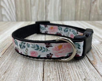 Pink Floral Dog Collar, Adjustable Nylon Webbing, Girly Pet Collar