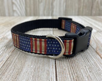 Patriotic Stars and Stripes Dog Collar, Adjustable Nylon Webbing