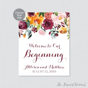 Letrero de bienvenida a nuestro comienzo imprimible - Letrero de bienvenida a la boda con flores de otoño - Letrero de bienvenida de boda personalizado con flores de otoño rústicas 0008