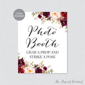 Printable Photo Booth Sign - Marsala Floral Photo Booth Sign, Rustic Flower Wedding Photo Booth Sign/Poster 8x10, 11x14, 16x20, 18x24 0006