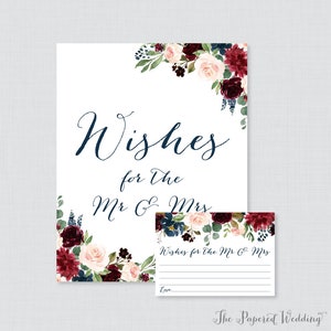Druckbare Hochzeits-Wunschkarten - Marine-Marsala-Blumenwünsche für die Mr und Mrs-Karten und -Zeichen, rustikale Blumen-Hochzeitsempfangs-Aktivität 0010