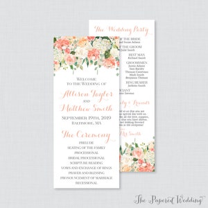 May include: A wedding ceremony program with a floral design featuring peach and white flowers. The program lists the wedding party, the ceremony order, and the date and location of the wedding. The text reads "The Wedding Party", "Welcome to the Wedding of Allison Taylor and Matthew Smith", "September 19th, 2019, Baltimore, MA", and "The Ceremony".