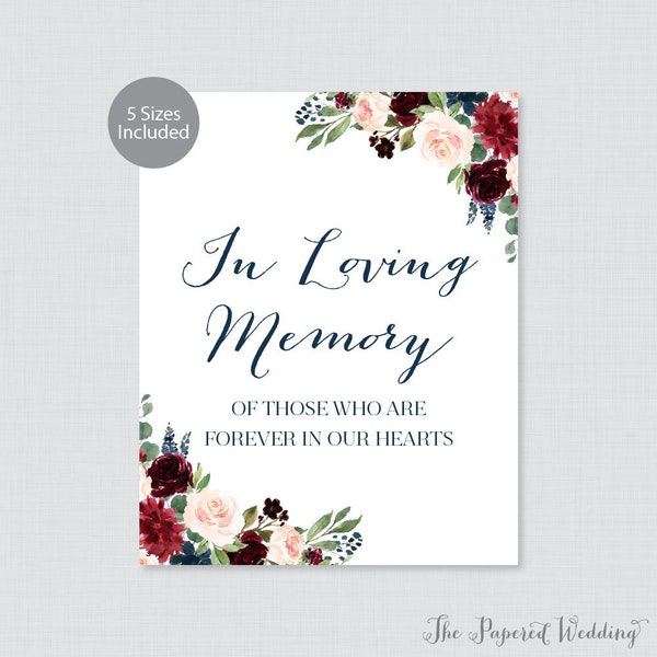 Printable Wedding In Loving Memory Of Sign - Marsala and Navy Wedding In Remembrance Of Sign, In Memory Of Sign with Rustic Flowers - 0010