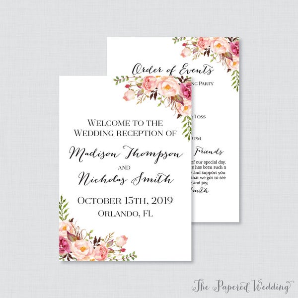 Printable OR Printed Wedding Reception Program - Pink Floral Wedding Reception Program Card, Personalized Reception Programs Flowers 0004