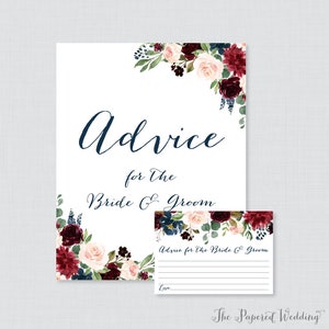 Tarjetas de consejos de boda imprimibles: consejos florales de la Marina y Marsala para las tarjetas y letreros de los novios, actividad de recepción de bodas con flores 0010