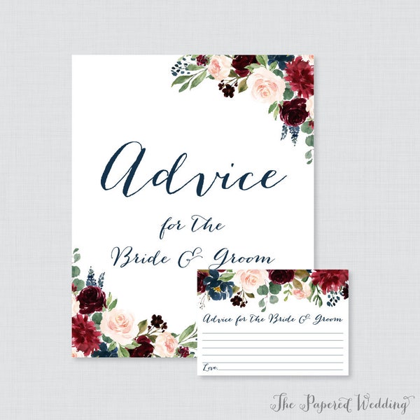 Printable Wedding Advice Cards - Navy and Marsala Floral Advice for the Bride and Groom Cards & Sign, Flower Wedding Reception Activity 0010