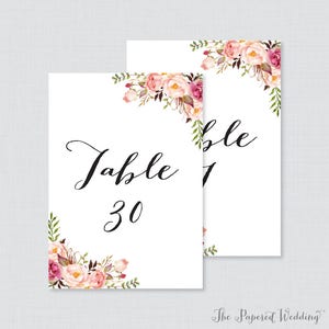 Afdrukbare bruiloft tabelnummers - roze bloemen tabelnummers voor bruiloft, Instant Download tabelnummers met nummers 1-30 rustieke bloem 0004