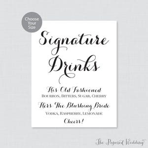 Letrero de bebidas exclusivo para imprimir - Letrero de cóctel exclusivo para bodas en blanco y negro - Letrero de barra de boda con caligrafía simple, letrero de cóctel 0005