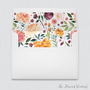 Fall Flower Wedding Envelope Liners - White A7 Envelopes with Rustic Autumn Floral Envelope Liners, Orange, Pink, Burgundy, Green Liner 0008