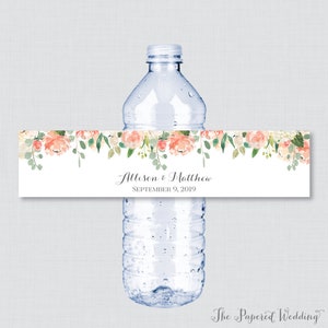 Printable OR Printed Wedding Water Bottle Labels Peach Flower Custom Water Bottle Labels Personalized Flower Water Bottle Labels 0009 image 1