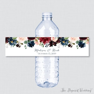 Printable OR Printed Wedding Water Bottle Labels - Navy & Marsala Flower Custom Water Bottle Labels - Personalized Water Bottle Labels 0010