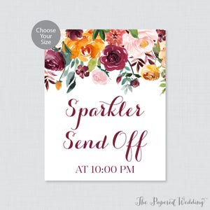 Letrero de despedida con bengalas imprimible - Letrero de bengalas con flores de otoño para bodas - Letrero de despedida con bengalas personalizado para bodas con tiempo, flores rústicas 0008