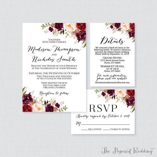 Printable OR Printed Wedding Invitation Suite - Marsala and Pink Floral Wedding Invitation Package - Rustic Wine Flower Wedding Invites 0006